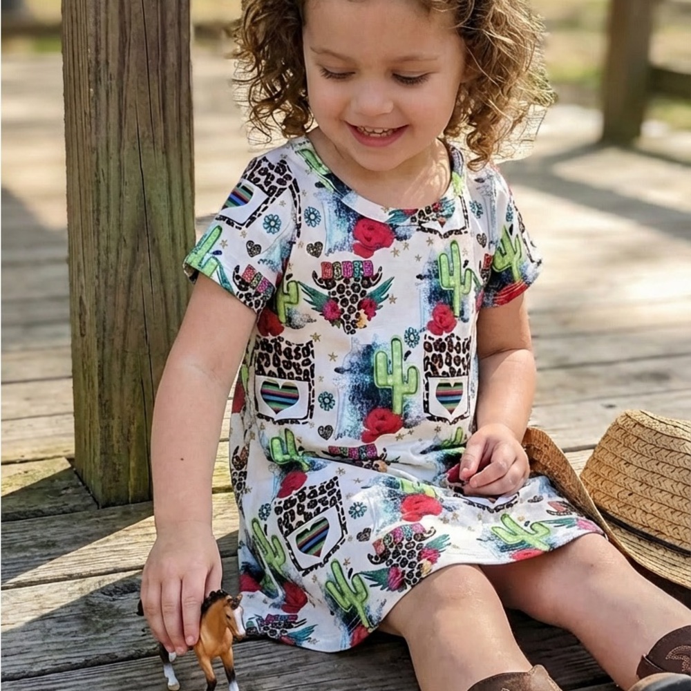 Girls Rodeo T-Shirt Dress – Western Cowgirl Outfit, Cactus Cheetah Print